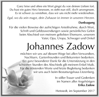 Traueranzeige von Johannes Zadow von Mitteldeutsche Zeitung Mansfelder Land