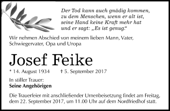 Traueranzeige von Josef Feike von Mitteldeutsche Zeitung Halle/Saalkreis