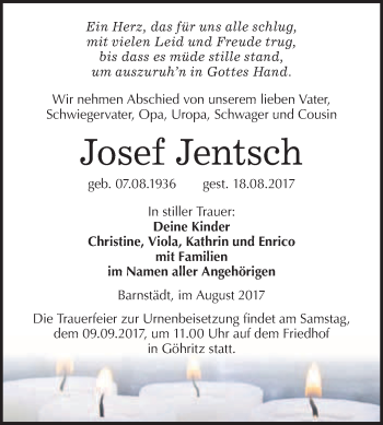 Traueranzeige von Josef Jentsch von WVG - Wochenspiegel Merseburg