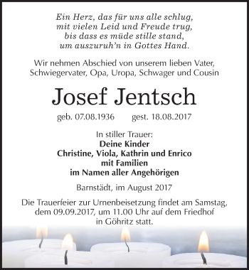 Traueranzeige von Josef Jentsch von Mitteldeutsche Zeitung Merseburg/Querfurt