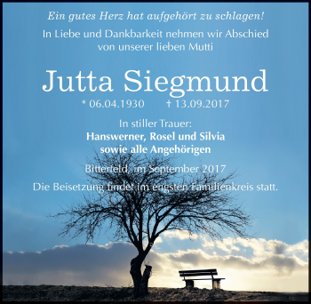 Traueranzeige von Jutta Siegmund von Mitteldeutsche Zeitung Bitterfeld