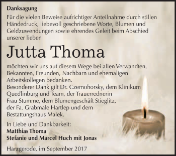 Traueranzeige von Jutta Thoma von WVG - Wochenspiegel Quedlinburg