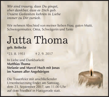 Traueranzeige von Jutta Thoma von WVG - Wochenspiegel Quedlinburg