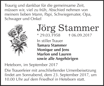 Traueranzeige von Jörg Stammer von WVG - Wochenspiegel Quedlinburg