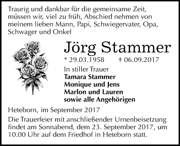 Traueranzeige von Jörg Stammer von Mitteldeutsche Zeitung Quedlinburg