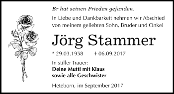Traueranzeige von Jörg Stammer von Mitteldeutsche Zeitung Quedlinburg