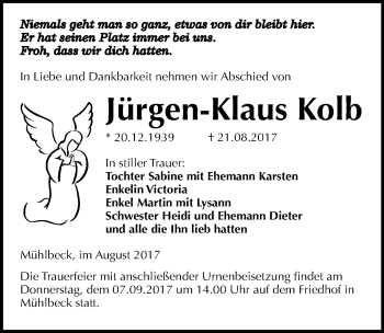 Traueranzeige von Jürgen-Klaus Kolb von Mitteldeutsche Zeitung Bitterfeld