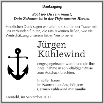 Traueranzeige von Jürgen Kühlewind von Wochenspiegel Mansfelder Land