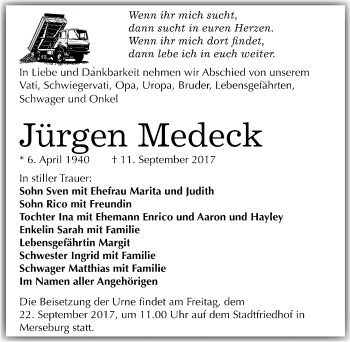Traueranzeige von Jürgen Medeck von Mitteldeutsche Zeitung Merseburg/Querfurt