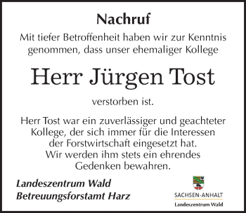 Traueranzeige von Jürgen Tost von Mitteldeutsche Zeitung Quedlinburg