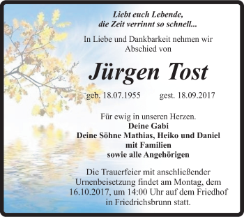 Traueranzeige von Jürgen Tost von Super Sonntag Quedlinburg