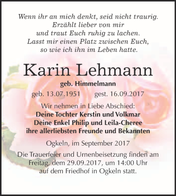 Traueranzeige von Karin Lehmann von WVG - Wochenspiegel Wittenberg