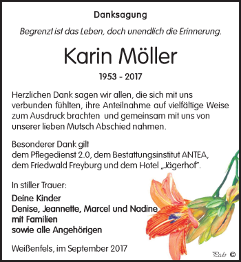 Traueranzeige von Karin Möller von Mitteldeutsche Zeitung Weißenfels