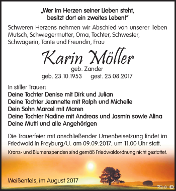 Traueranzeige von Karin Möller von Mitteldeutsche Zeitung Weißenfels