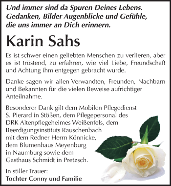 Traueranzeige von Karin Sahs von Mitteldeutsche Zeitung Weißenfels