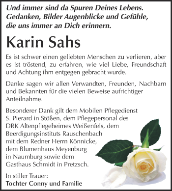 Traueranzeige von Karin Sahs von WVG - Wochenspiegel NMB / WSF / ZTZ