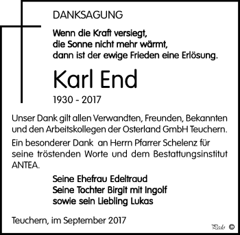 Traueranzeige von Karl End von Mitteldeutsche Zeitung Weißenfels