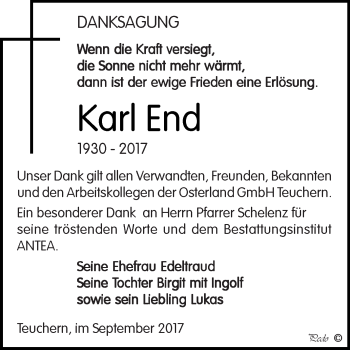 Traueranzeige von Karl End von WVG - Wochenspiegel NMB / WSF / ZTZ