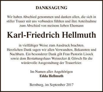 Traueranzeige von Karl-Friedrich Hellmuth von Super Sonntag Bernburg