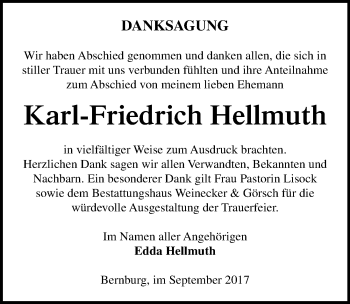 Traueranzeige von Karl-Friedrich Hellmuth von Mitteldeutsche Zeitung Bernburg