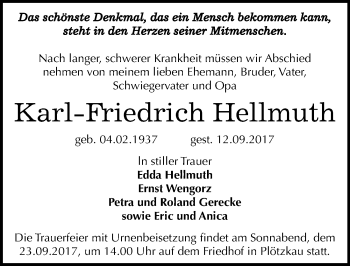 Traueranzeige von Karl-Friedrich Hellmuth von Mitteldeutsche Zeitung Bernburg