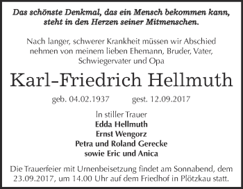 Traueranzeige von Karl-Friedrich Hellmuth von Super Sonntag Bernburg