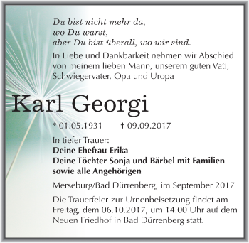 Traueranzeige von Karl Georgi von Mitteldeutsche Zeitung Merseburg/Querfurt