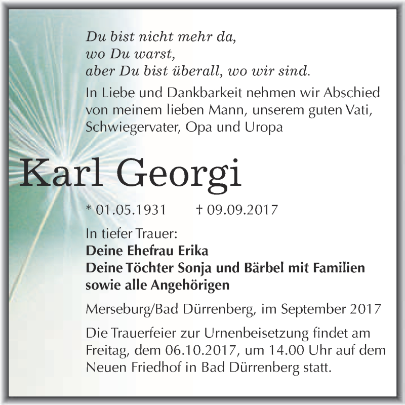  Traueranzeige für Karl Georgi vom 20.09.2017 aus Super Sonntag Merseburg