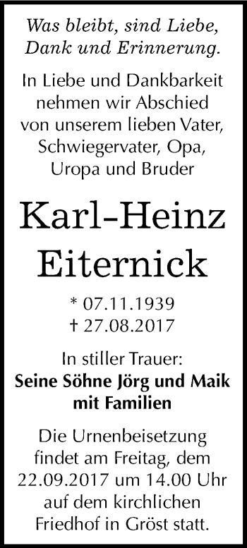 Traueranzeige von Karl-Heinz Eiternick von Mitteldeutsche Zeitung Merseburg/Querfurt