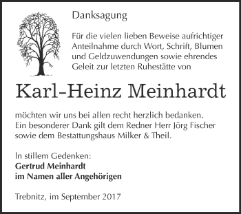 Traueranzeige von Karl-Heinz Meinhardt von WVG - Wochenspiegel NMB / WSF / ZTZ