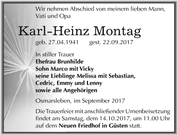 Traueranzeige von Karl-Heinz Montag von Mitteldeutsche Zeitung Bernburg