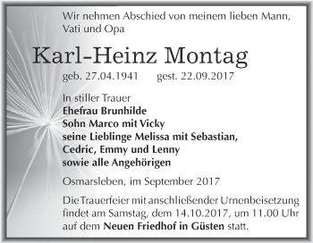 Traueranzeige von Karl-Heinz Montag von Super Sonntag Bernburg