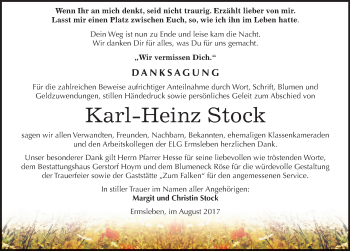 Traueranzeige von Karl-Heinz Stock von Mitteldeutsche Zeitung Quedlinburg