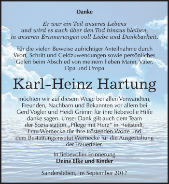 Traueranzeige von Karl Heinz Hartung von Mitteldeutsche Zeitung Mansfelder Land