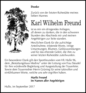 Traueranzeige von Karl Wilhelm Freund von Mitteldeutsche Zeitung Halle/Saalkreis