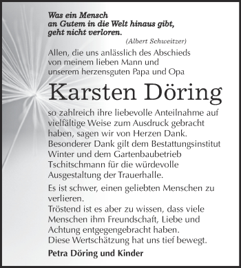 Traueranzeige von Karsten Döring von WVG - Wochenspiegel Bitterfeld