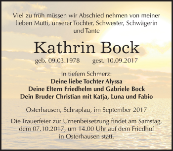Traueranzeige von Kathrin Bock von Mitteldeutsche Zeitung Mansfelder Land