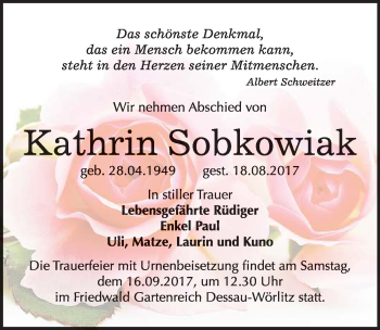Traueranzeige von Kathrin Sobkowiak von Mitteldeutsche Zeitung Bitterfeld