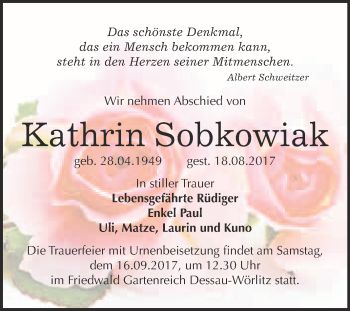 Traueranzeige von Kathrin Sobkowiak von WVG - Wochenspiegel Bitterfeld