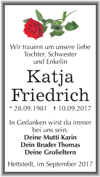 Traueranzeige von Katja Friedrich von Mitteldeutsche Zeitung Mansfelder Land