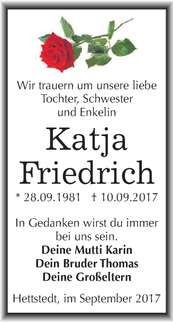 Traueranzeige von Katja Friedrich von Super Sonntag SGH Mansf. Land