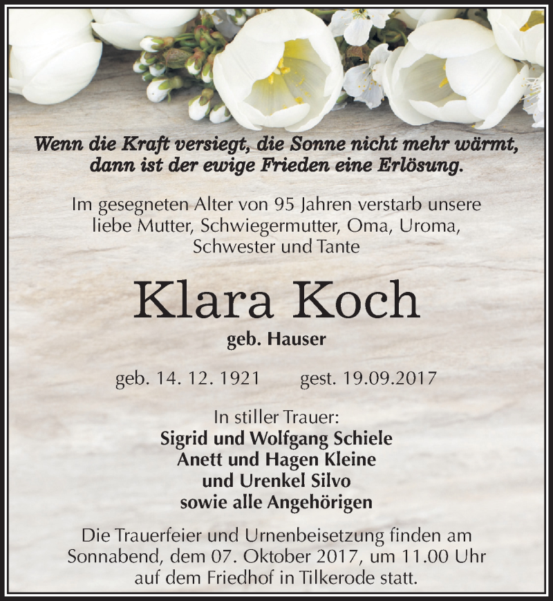 Traueranzeigen Von Klara Koch Www Abschied Nehmen De