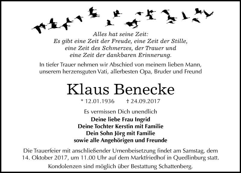  Traueranzeige für Klaus Benecke vom 30.09.2017 aus Mitteldeutsche Zeitung Quedlinburg