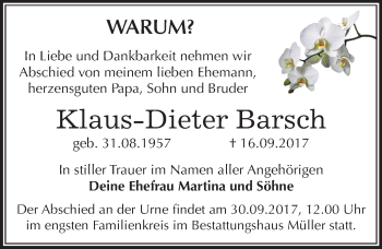 Traueranzeige von Klaus-Dieter Barsch von Mitteldeutsche Zeitung Aschersleben