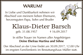 Traueranzeige von Klaus-Dieter Barsch von Super Sonntag Aschersleben