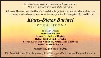 Traueranzeige von Klaus-Dieter Barthel von Mitteldeutsche Zeitung Aschersleben