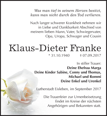 Traueranzeige von Klaus-Dieter Franke von Mitteldeutsche Zeitung Mansfelder Land