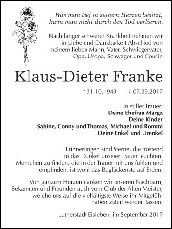 Traueranzeige von Klaus-Dieter Franke von Wochenspiegel Mansfelder Land