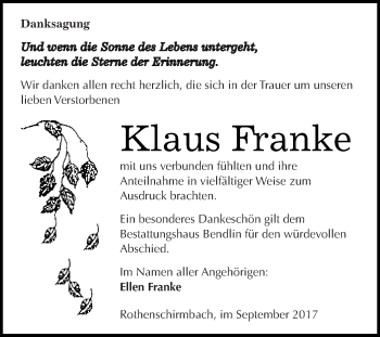 Traueranzeige von Klaus Franke von Super Sonntag SGH Mansf. Land