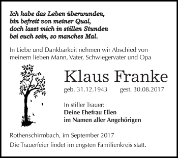 Traueranzeige von Klaus Franke von Super Sonntag SGH Mansf. Land